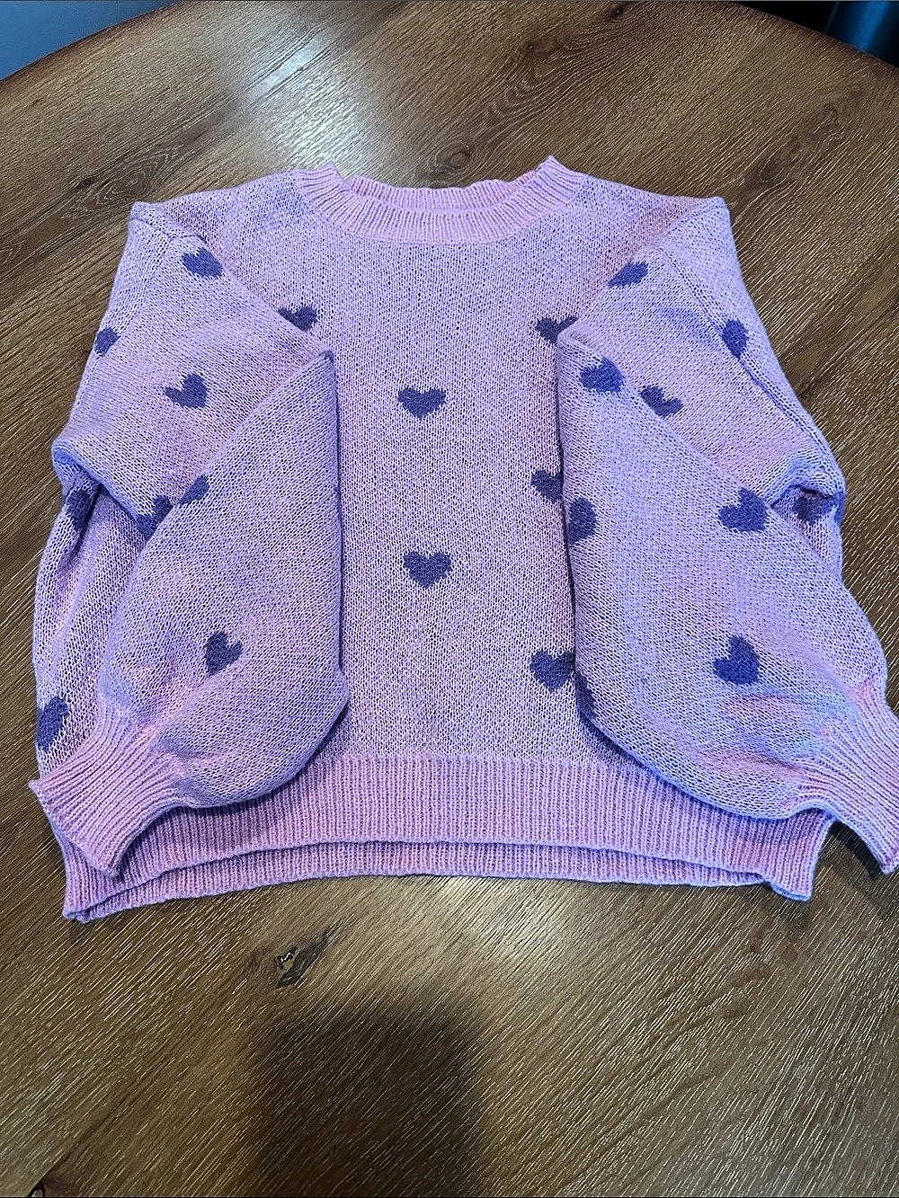 SHEIN Heart Pattern Lantern Sleeve Crew Neck Sweater Heart Print Knit Sweater